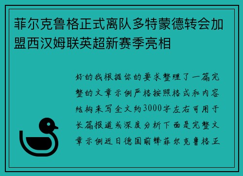 菲尔克鲁格正式离队多特蒙德转会加盟西汉姆联英超新赛季亮相