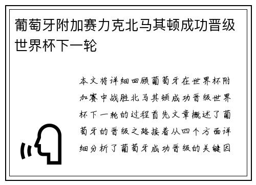 葡萄牙附加赛力克北马其顿成功晋级世界杯下一轮