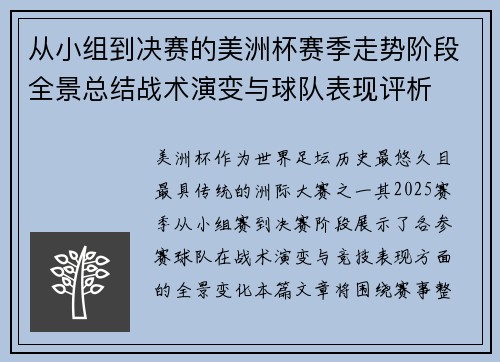 从小组到决赛的美洲杯赛季走势阶段全景总结战术演变与球队表现评析